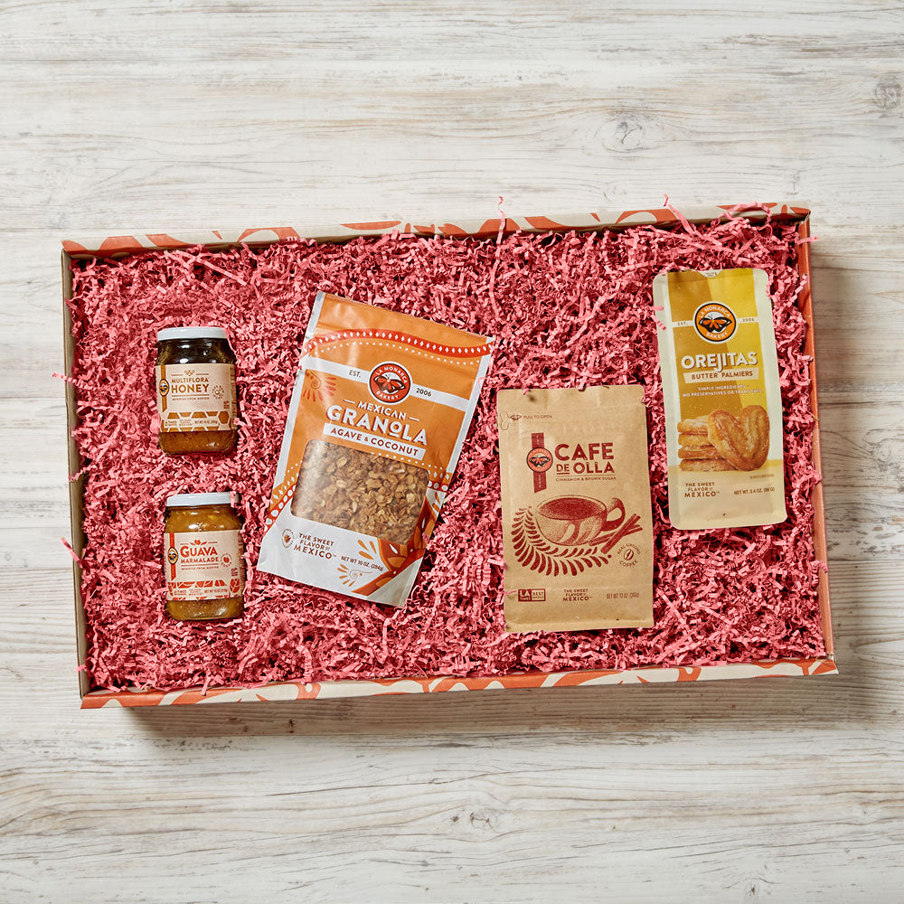 Mexican Breakfast in Bed gift set with Granola, Cafe de Olla Coffee, Orejitas, jar of honey, and jar of Mexicna Breakfast in Bed gift set with Granola, Cafe de Olla Coffee, Orejitas, jar of honey, and jar of guava
