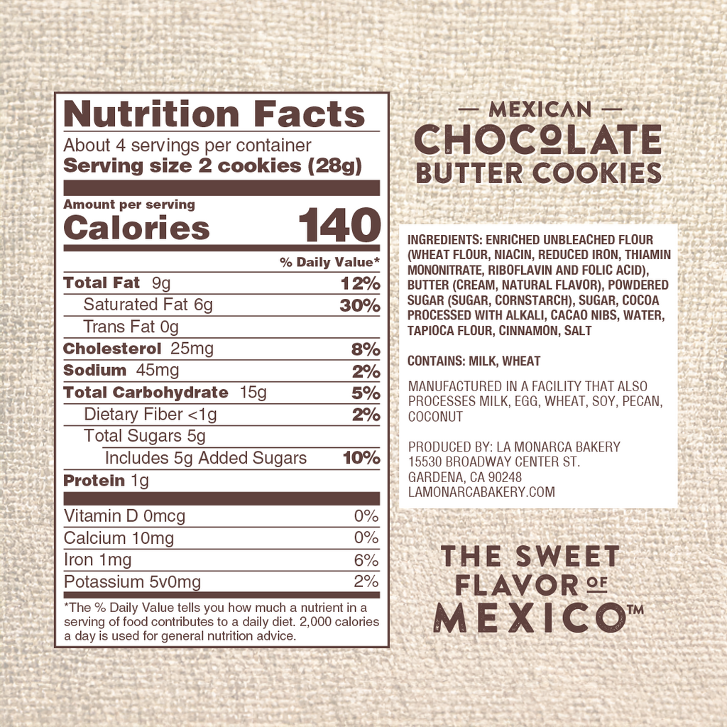 Nutrition Facts Panel for La Monarca Bakery Mexican Chocolate Butter Cookies