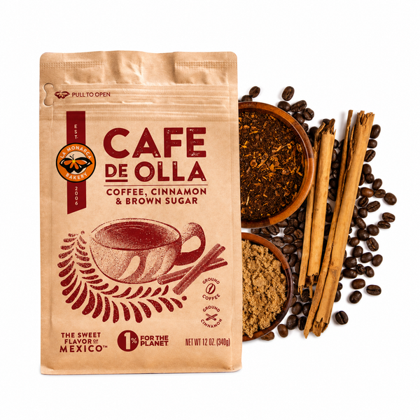 A 12 oz bag of Cafe De Olla Coffee, Cinnamon & Brown Sugar on a white background, styled with coffee beans, cinnamon sticks, and bowls of ground coffee and brown sugar.
