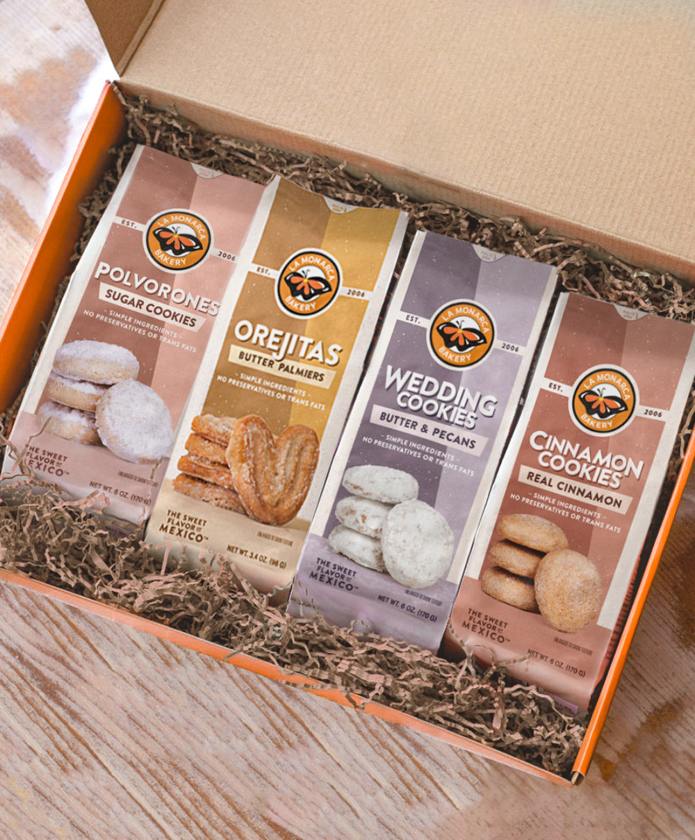 Open gift set of assorted mexican cookies